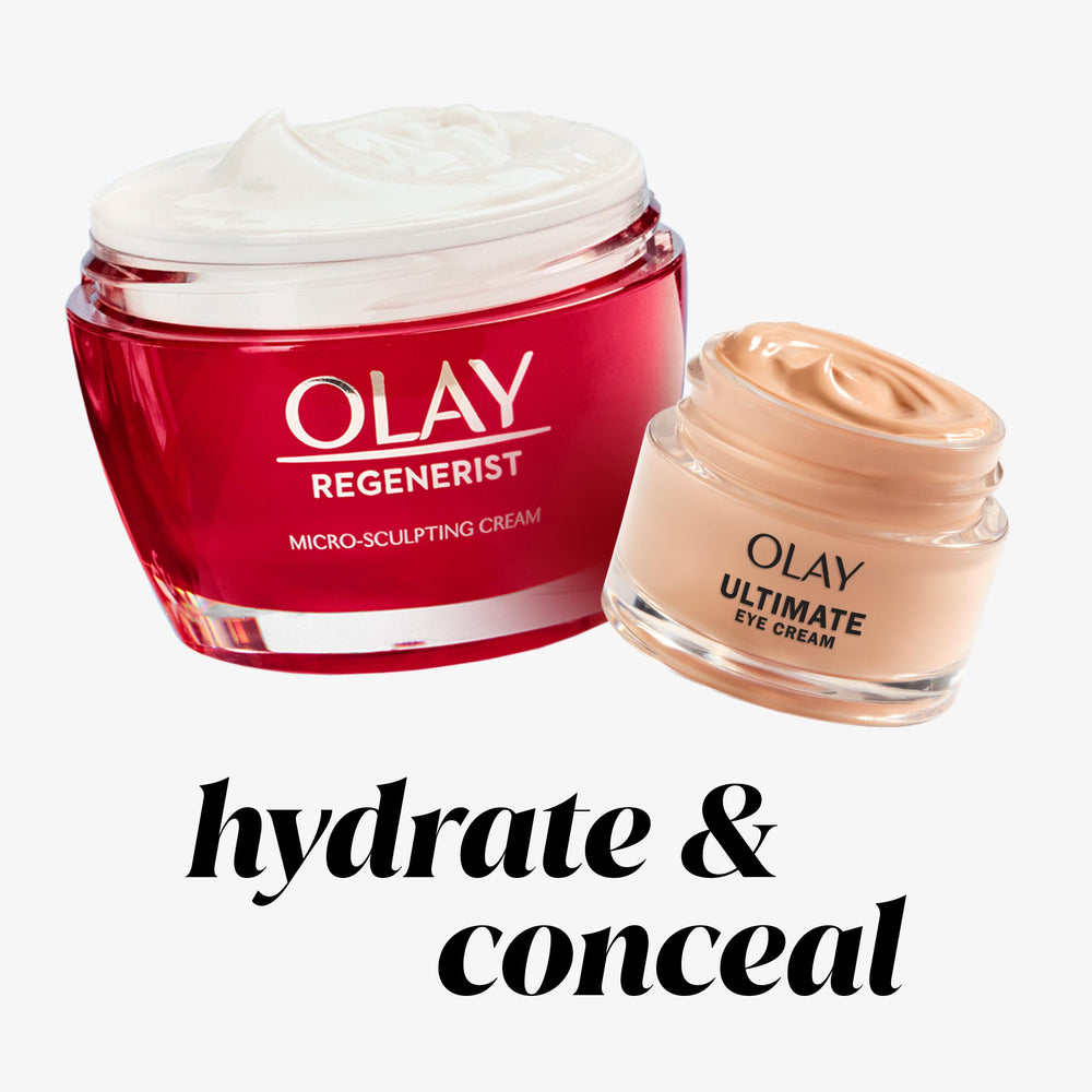 OLAY Ultimate Eye Cream fragrance-free formula with pigments for subtle concealment.