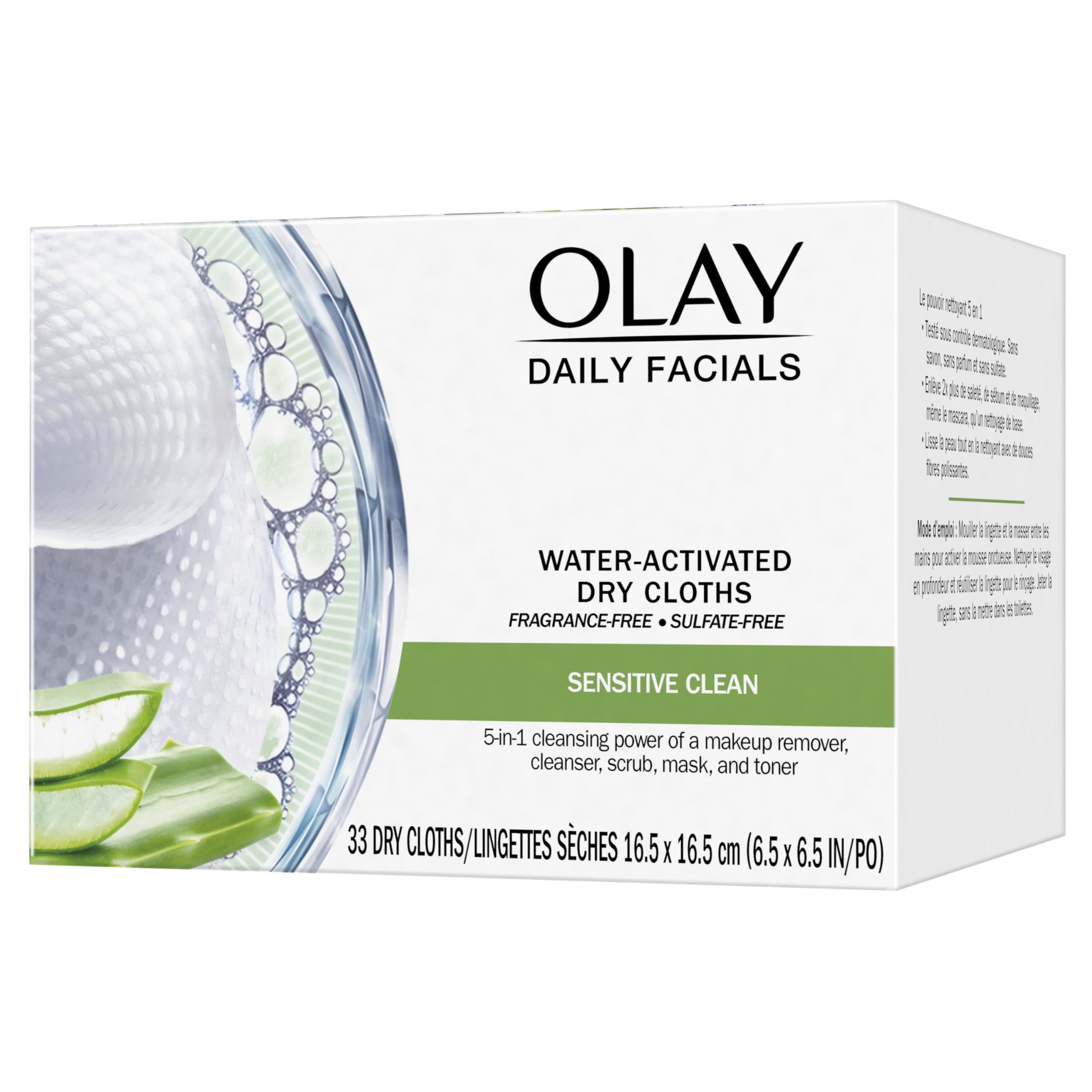 Olay face and neck use close-up; fresh towels for complete cleansing