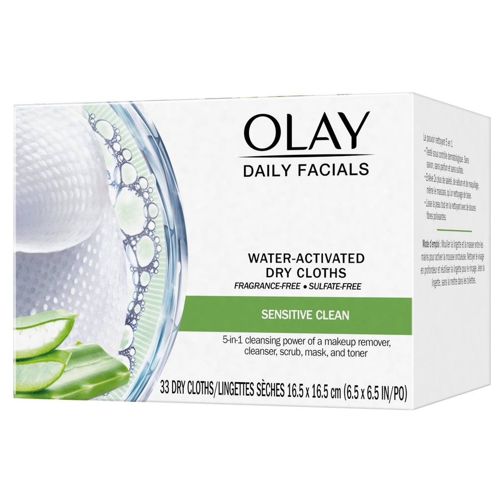 Olay face and neck use close-up; fresh towels for complete cleansing