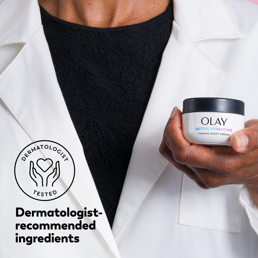 Olay Firming Night Cream application scene demonstrating smooth skin feel at night