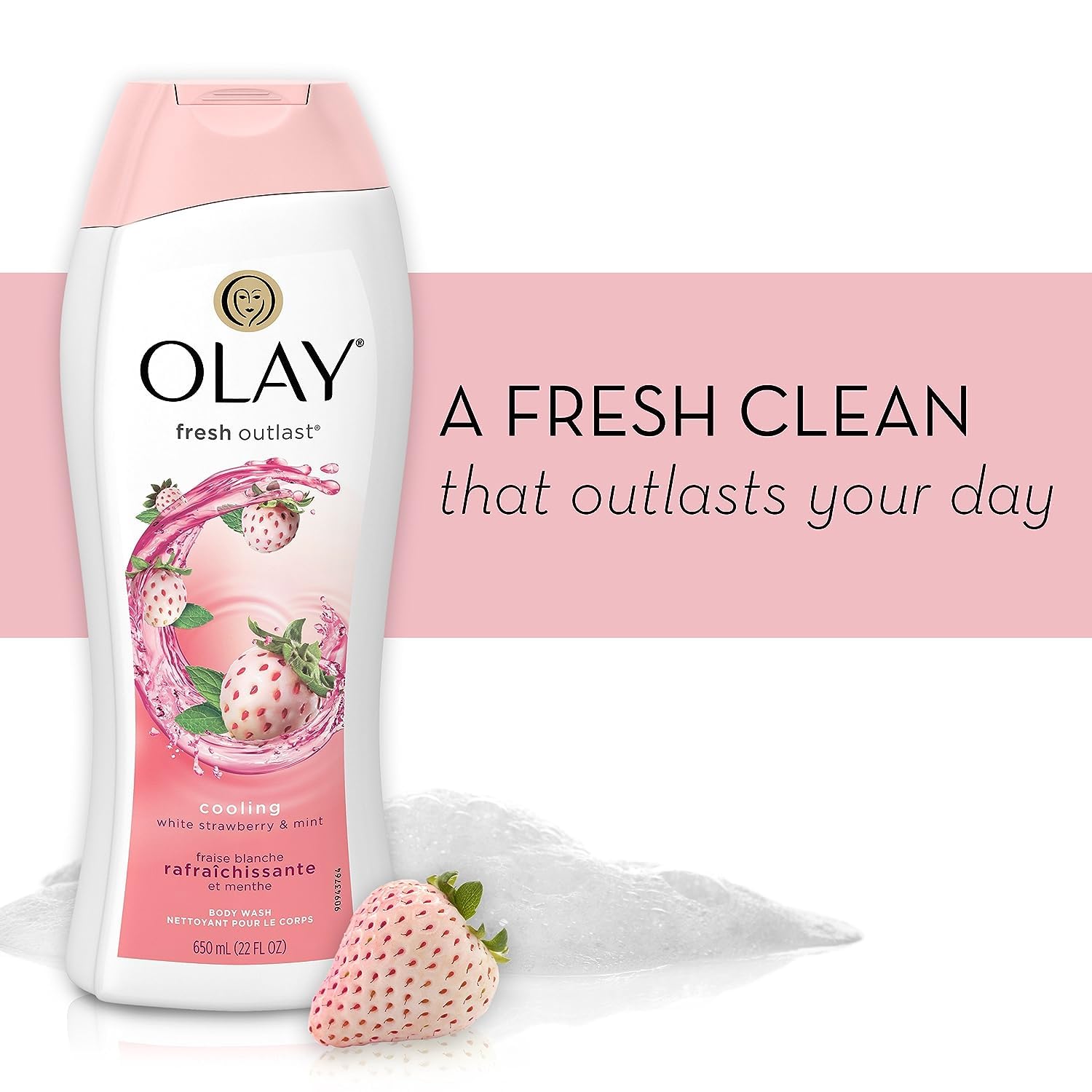 Olay Fresh Outlast bottle pour close-up demonstrates easy dispensing and quick lather