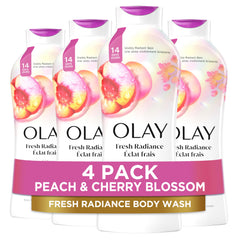 Olay Fresh Outlast peach-cherry bottle ready for refreshing shower