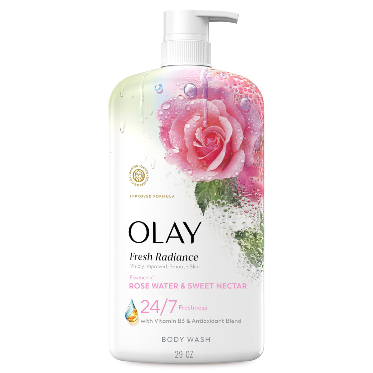 Olay Fresh Radiance: botella con rosas y aroma suave para piel fresca.