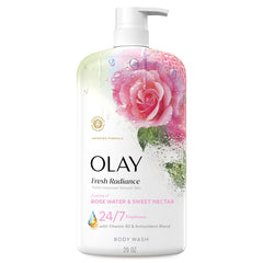 Olay Fresh Radiance: botella con rosas y aroma suave para piel fresca.