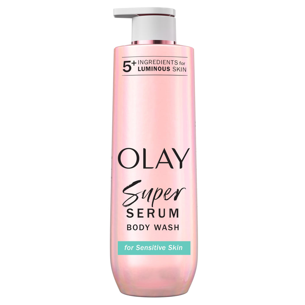 Olay gel de ducha con suero para piel sensible en envase, hidratación suave.