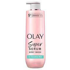 Olay gel de ducha con suero para piel sensible en envase, hidratación suave.