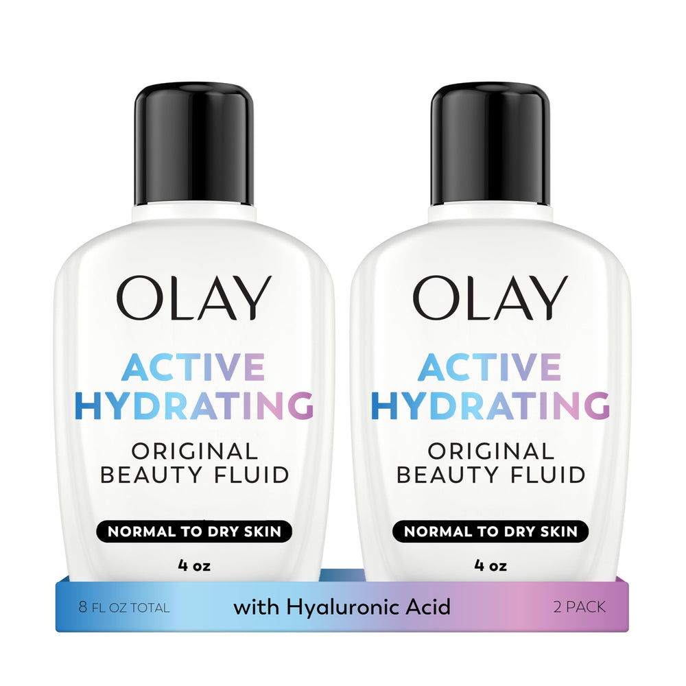 Olay hidratante facial fluido, botella visible, ofrece hidratación rápida para piel seca.