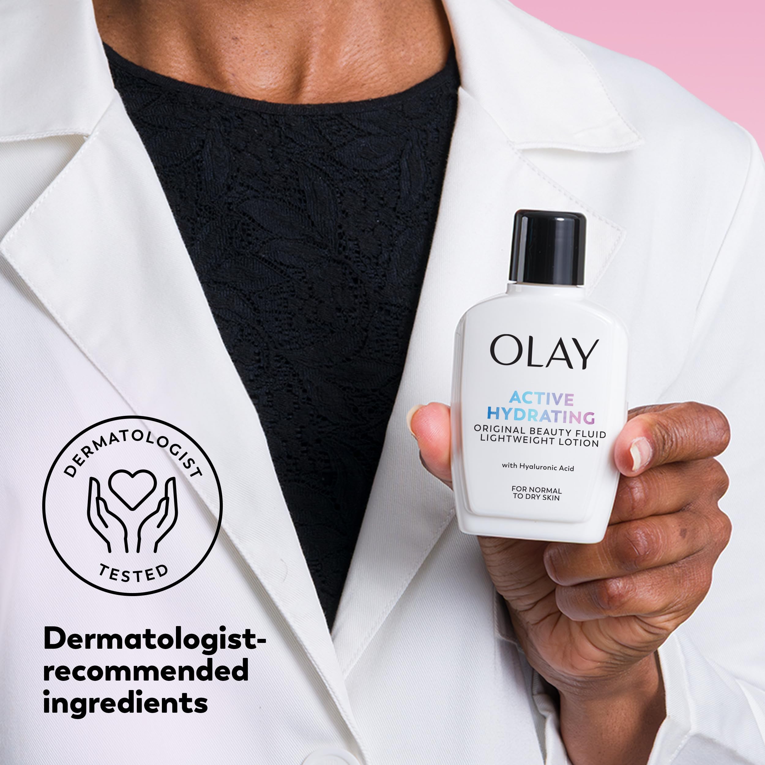 Olay hidratante facial fluido, piel suave y luminosa tras la aplicación.