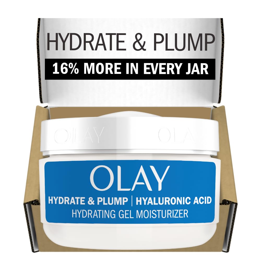 Olay Hyaluronic Ultralight Gel jar front showing fragrance-free formula for all-day hydration.