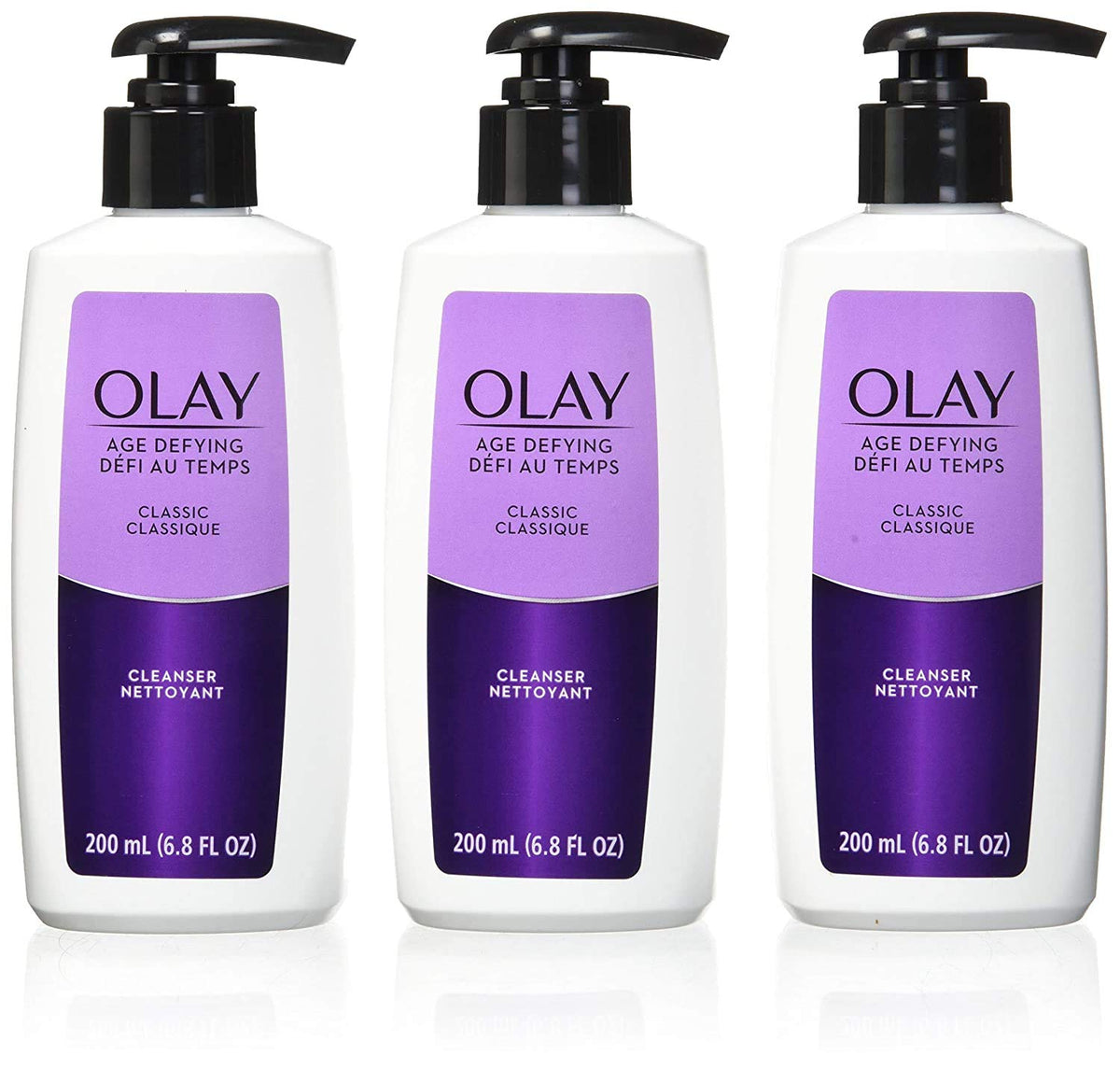 Olay limpiador facial anti-edad, botella con dispensador, limpieza rápida y suave.