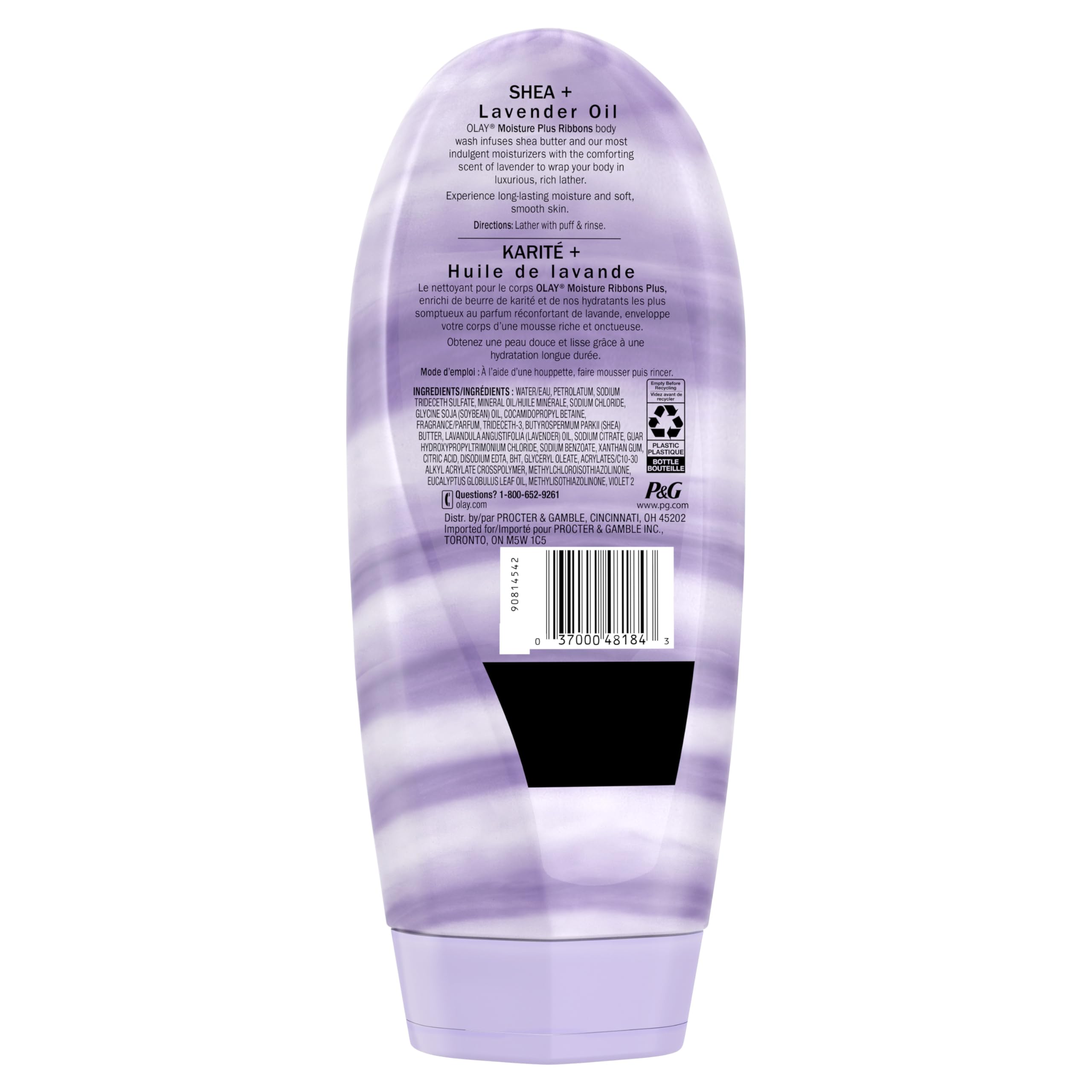 Olay Moisture Ribbons Plus lavender body wash bottle pour for easy use.