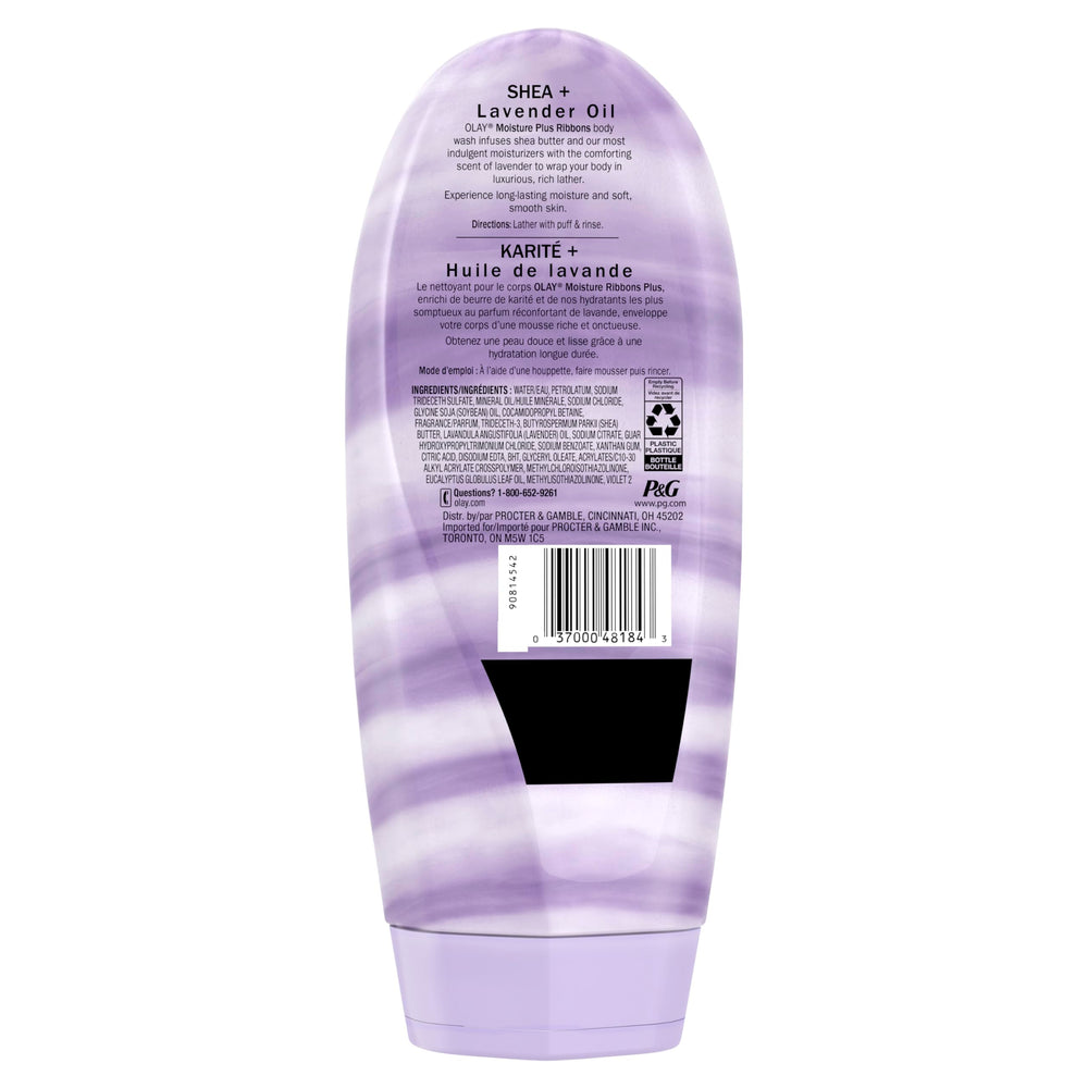 Olay Moisture Ribbons Plus lavender body wash bottle pour for easy use.