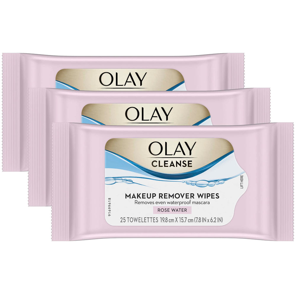 Pack de tres toallitas desmaquillantes Olay con aroma a rosas para uso diario.