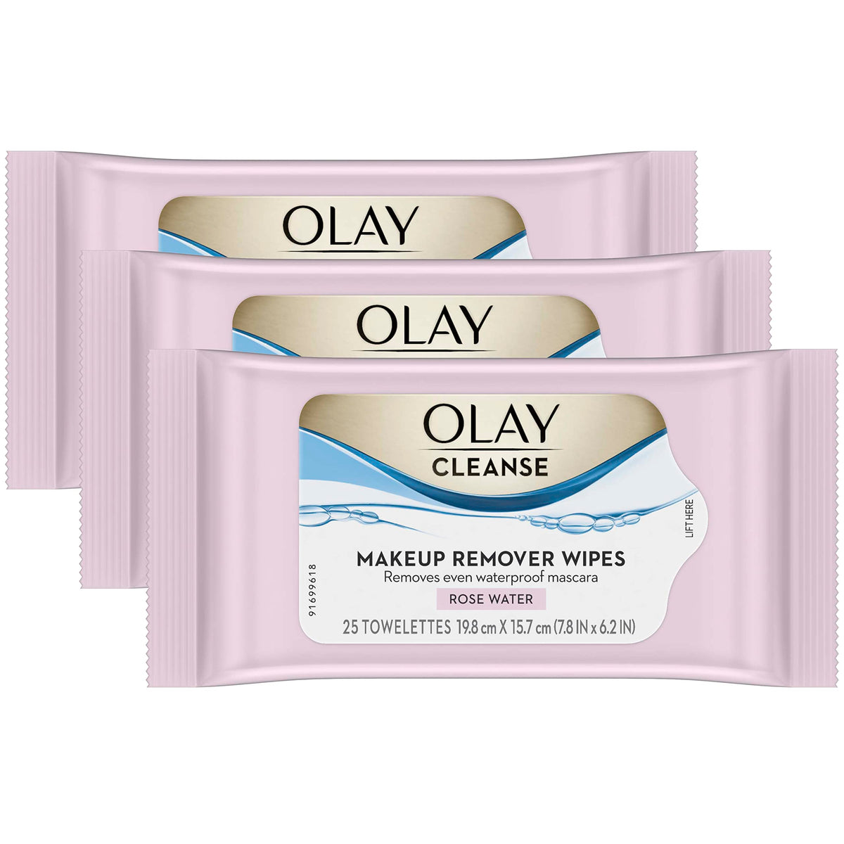 Pack de tres toallitas desmaquillantes Olay con aroma a rosas para uso diario.