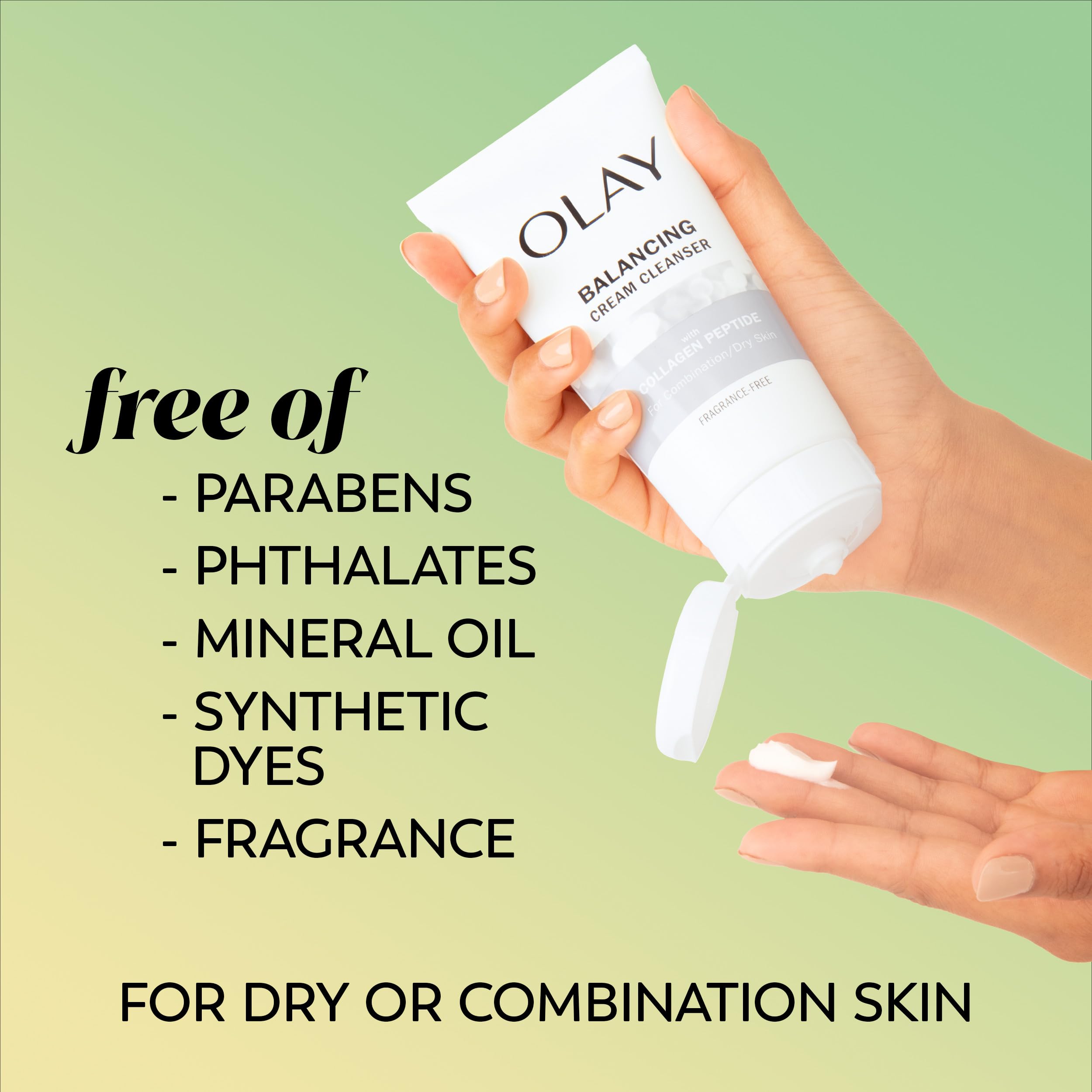 Olay Regenerist Collagen Peptide 24 cleanser swirls on skin showing non-drying, moisturizing feel.