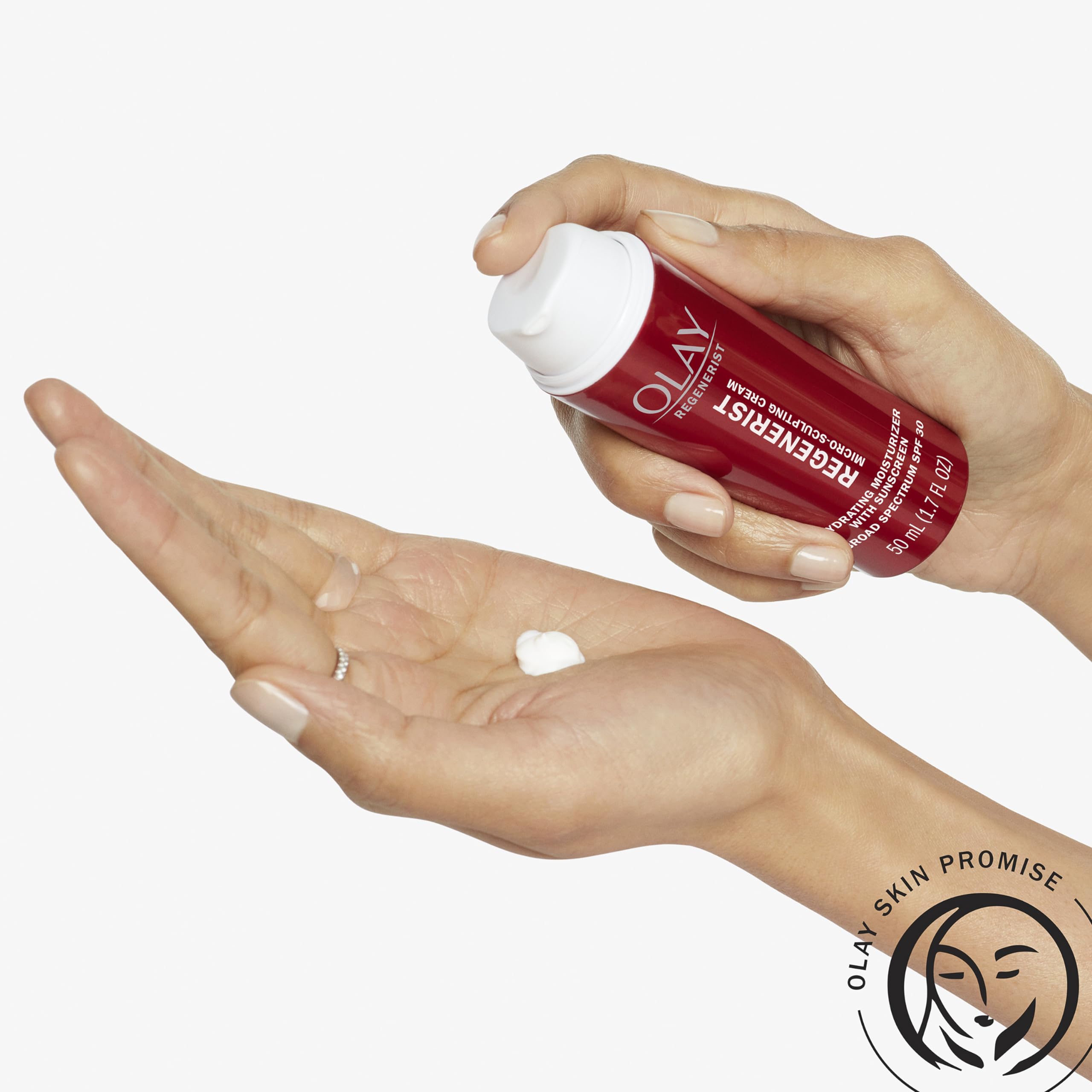 Olay Regenerist cream texture evident; non-greasy finish ideal under makeup.