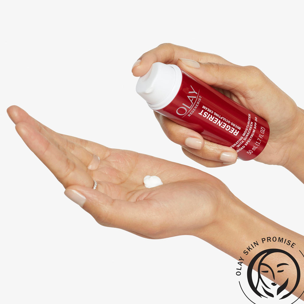 Olay Regenerist cream texture evident; non-greasy finish ideal under makeup.