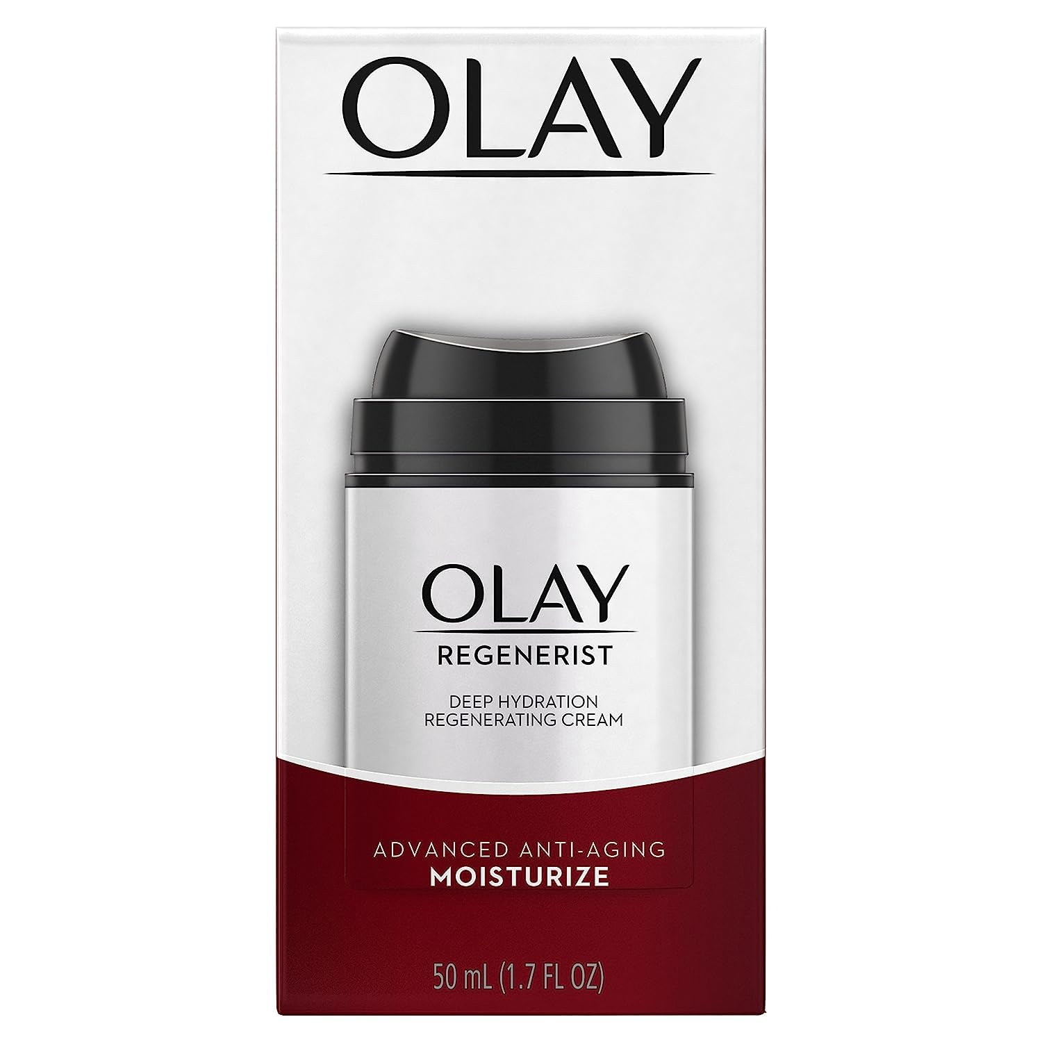 Olay Regenerist cream texture swirl close-up highlights smooth, non-greasy finish.