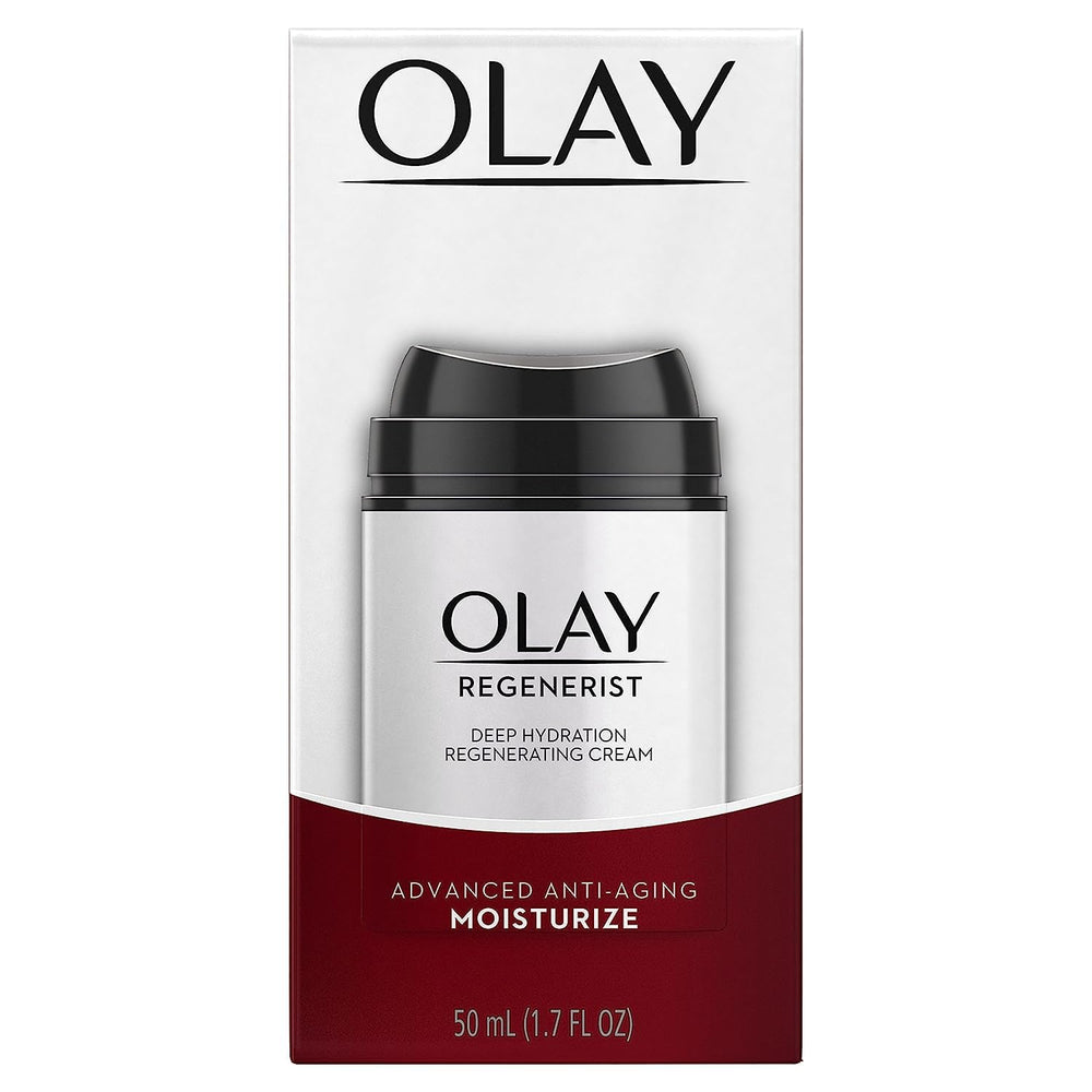 Olay Regenerist cream texture swirl close-up highlights smooth, non-greasy finish.