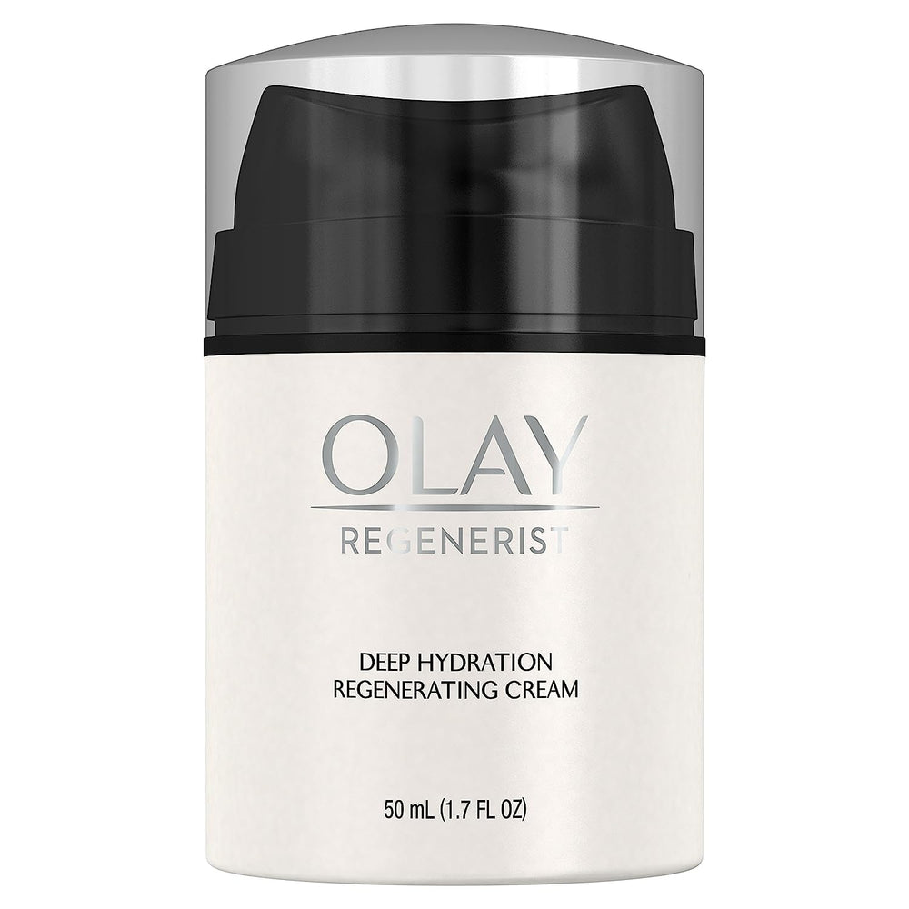Olay Regenerist Deep Hydration cream jar close-up shows rich, fast-absorbing moisture.