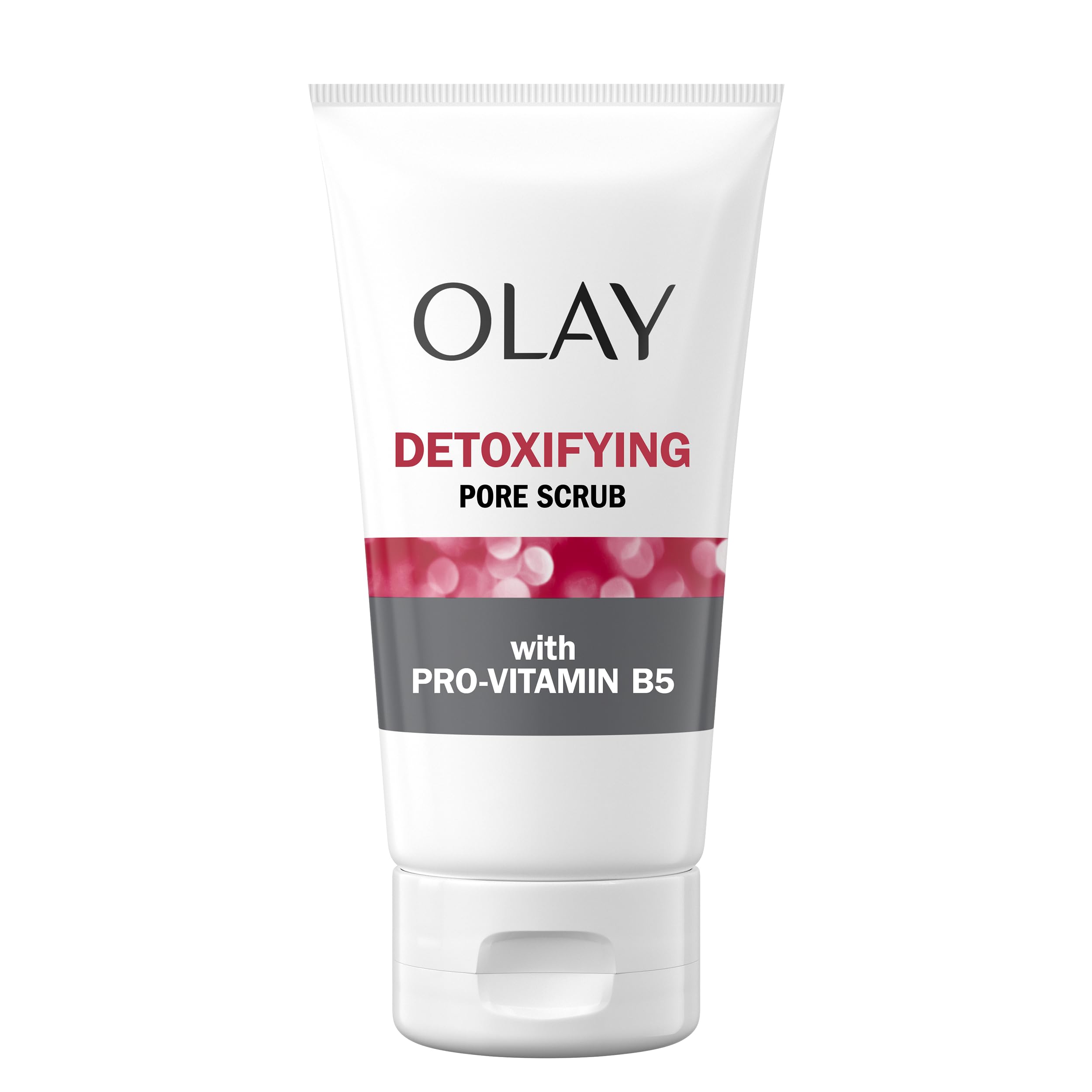 Bathroom counter with Olay Regenerist Detoxifying Pore Scrub bottles.