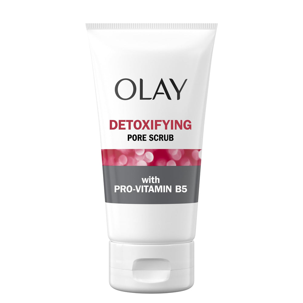 Bathroom counter with Olay Regenerist Detoxifying Pore Scrub bottles.