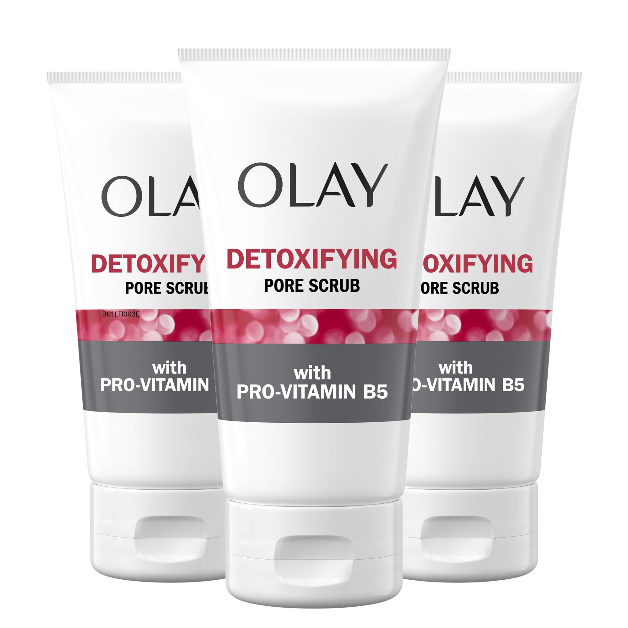 Olay Regenerist Detoxifying Pore Scrub three-pack bottles on display for refreshing cleansing.