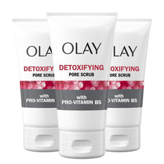 Olay Regenerist Detoxifying Pore Scrub three-pack bottles on display for refreshing cleansing.