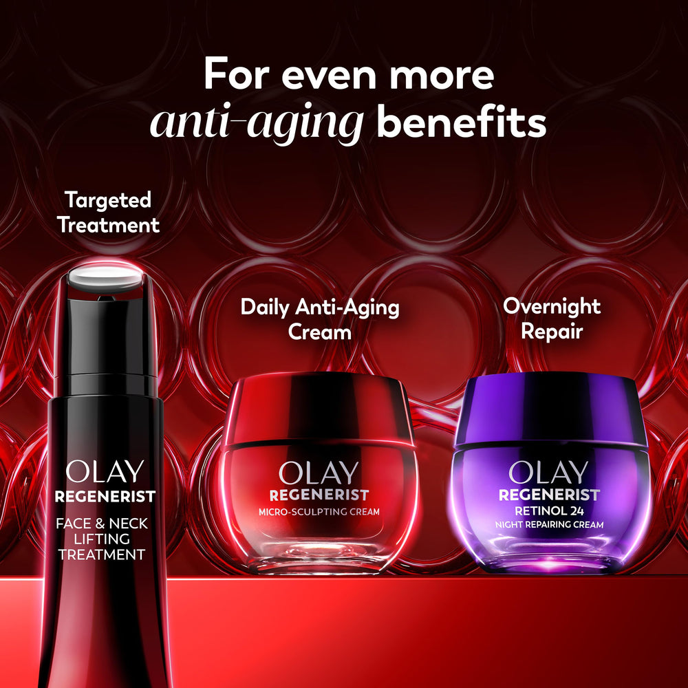 Olay Regenerist jar photographed beside skincare routine items.