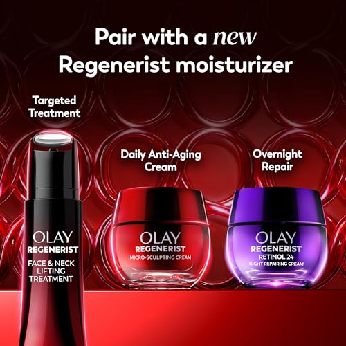 Targeted neck and jawline treatment with Olay Regenerist roller.