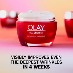 Olay Regenerist Micro-Sculpting Cream jar closeup showcasing rich hydration and anti-aging formula.