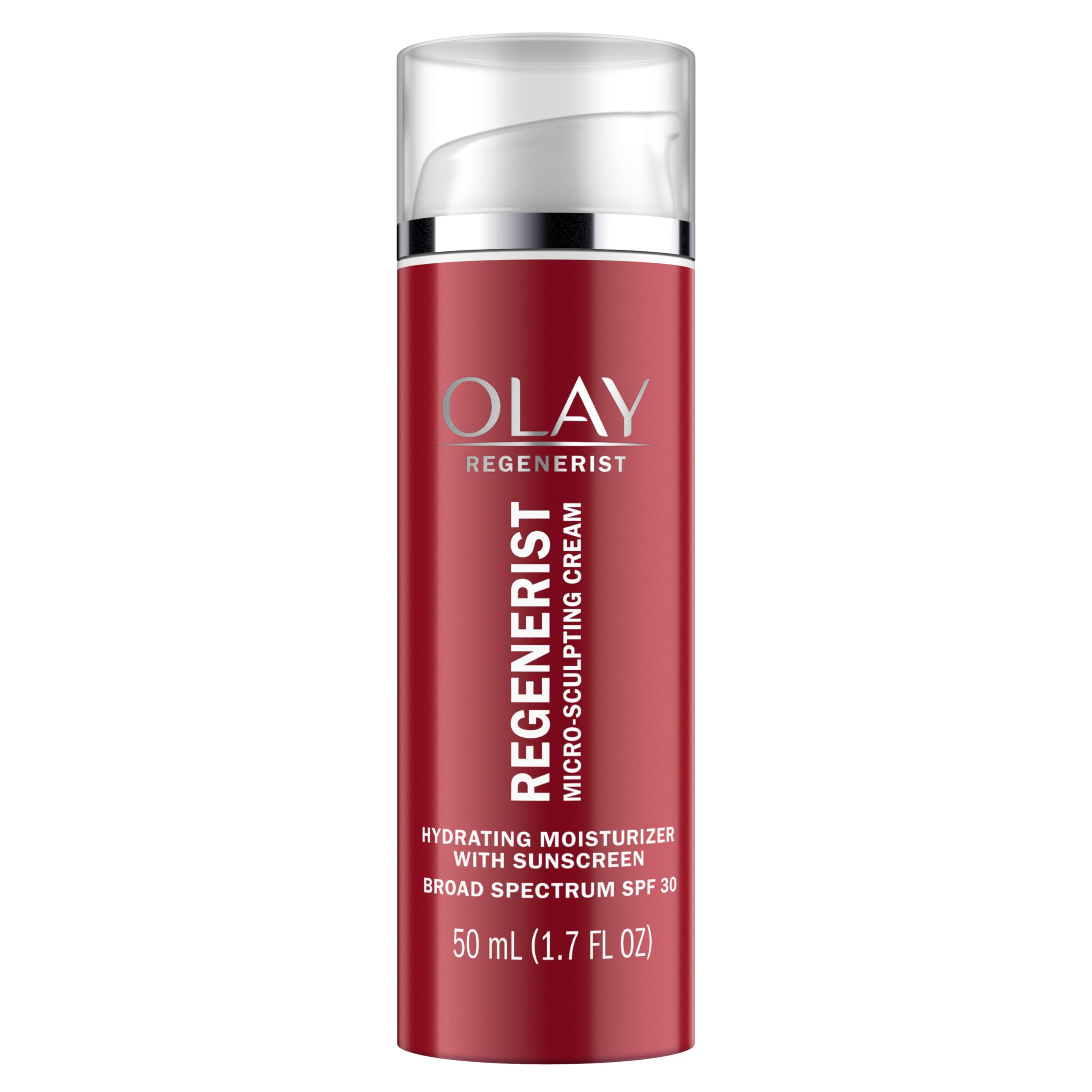 Olay Regenerist Micro-Sculpting Cream jar closeup for rich daily hydration and SPF protection.