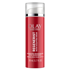 Olay Regenerist Micro-Sculpting Cream jar closeup for rich daily hydration and SPF protection.