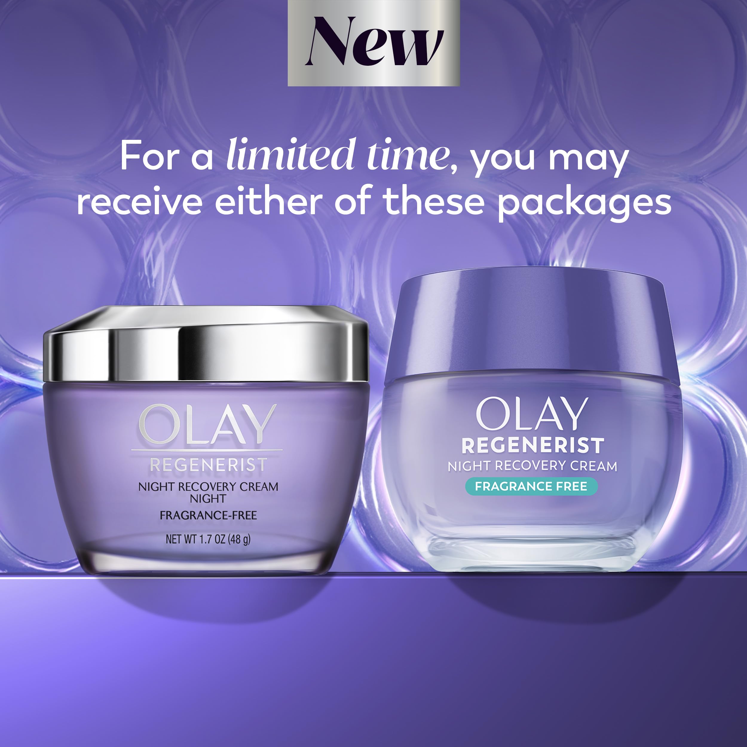 Olay Regenerist Night Recovery Cream jar close-up shows rich, velvety texture.