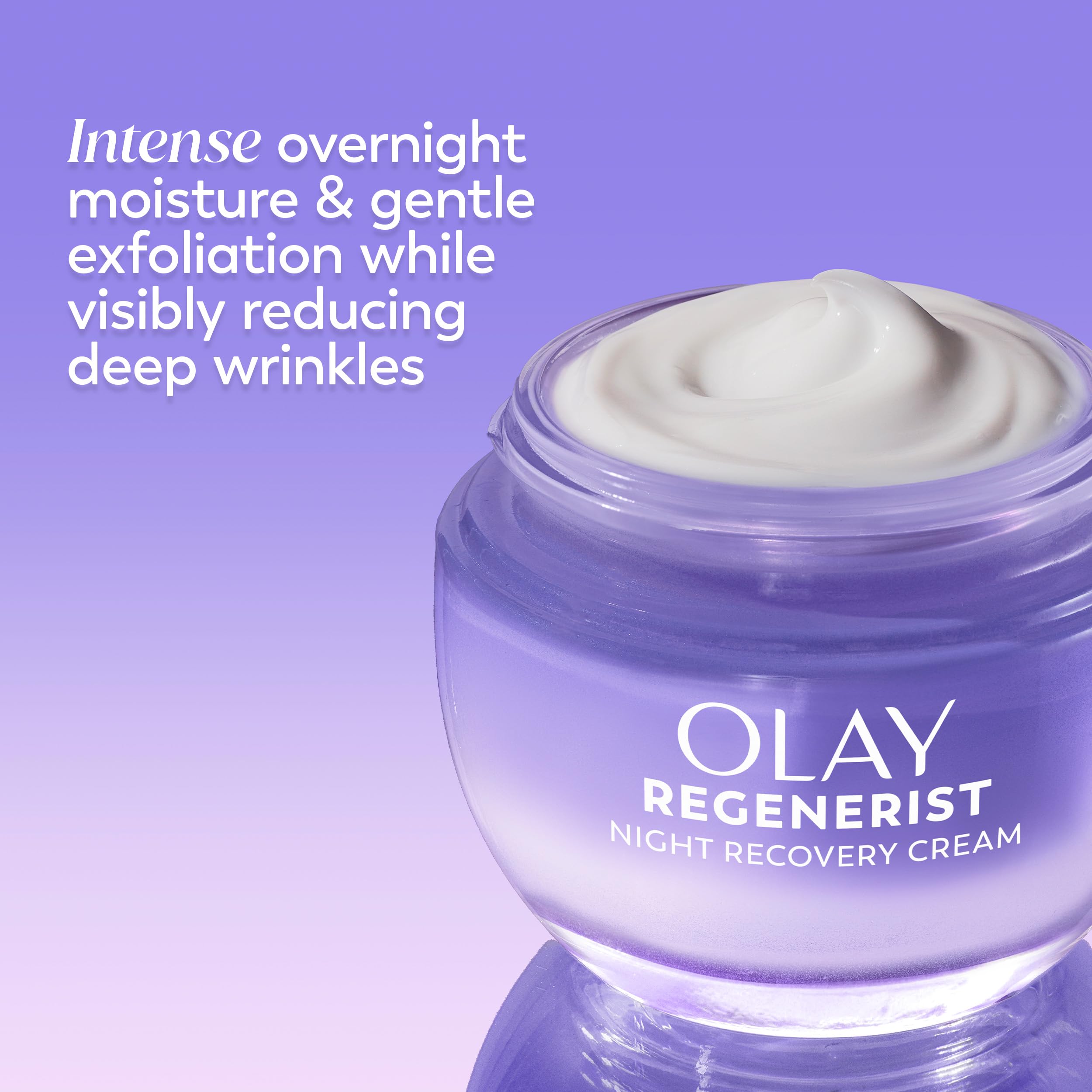 Olay Regenerist Night Recovery Cream texture close-up highlights exfoliating finish.