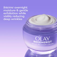 Olay Regenerist Night Recovery Cream texture close-up highlights exfoliating finish.