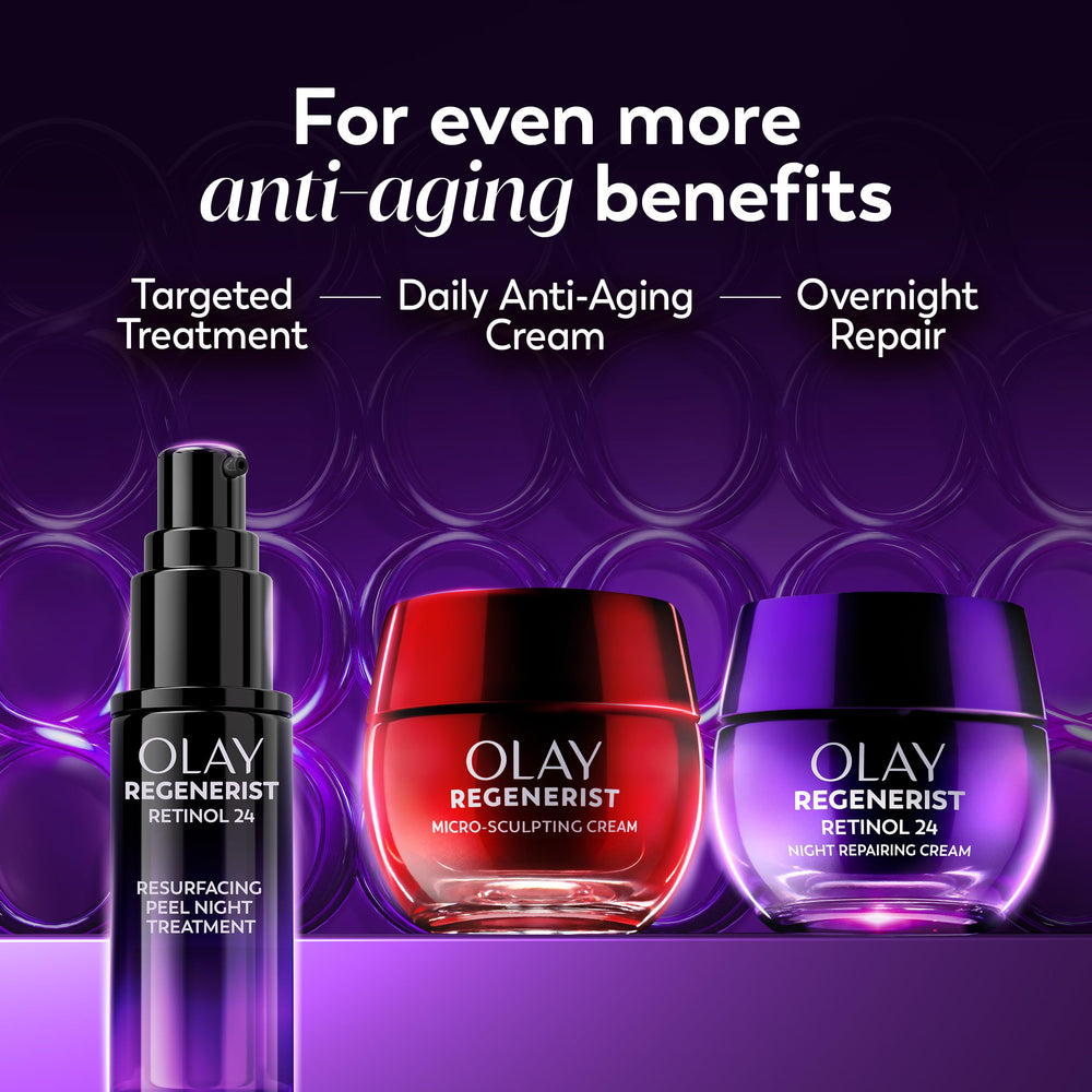 Olay Regenerist Night Treatment label shows fragrance-free formula for sensitive skin.