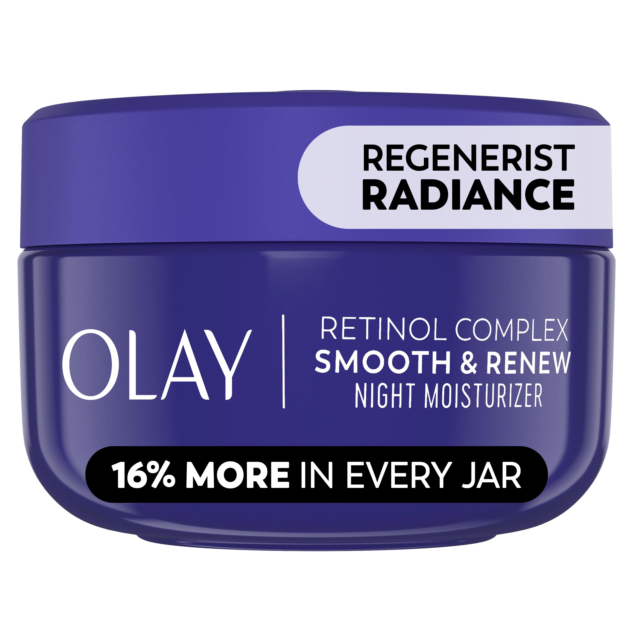Olay Regenerist Radiance Retinol jar on white background highlights fragrance-free, anti-aging formula