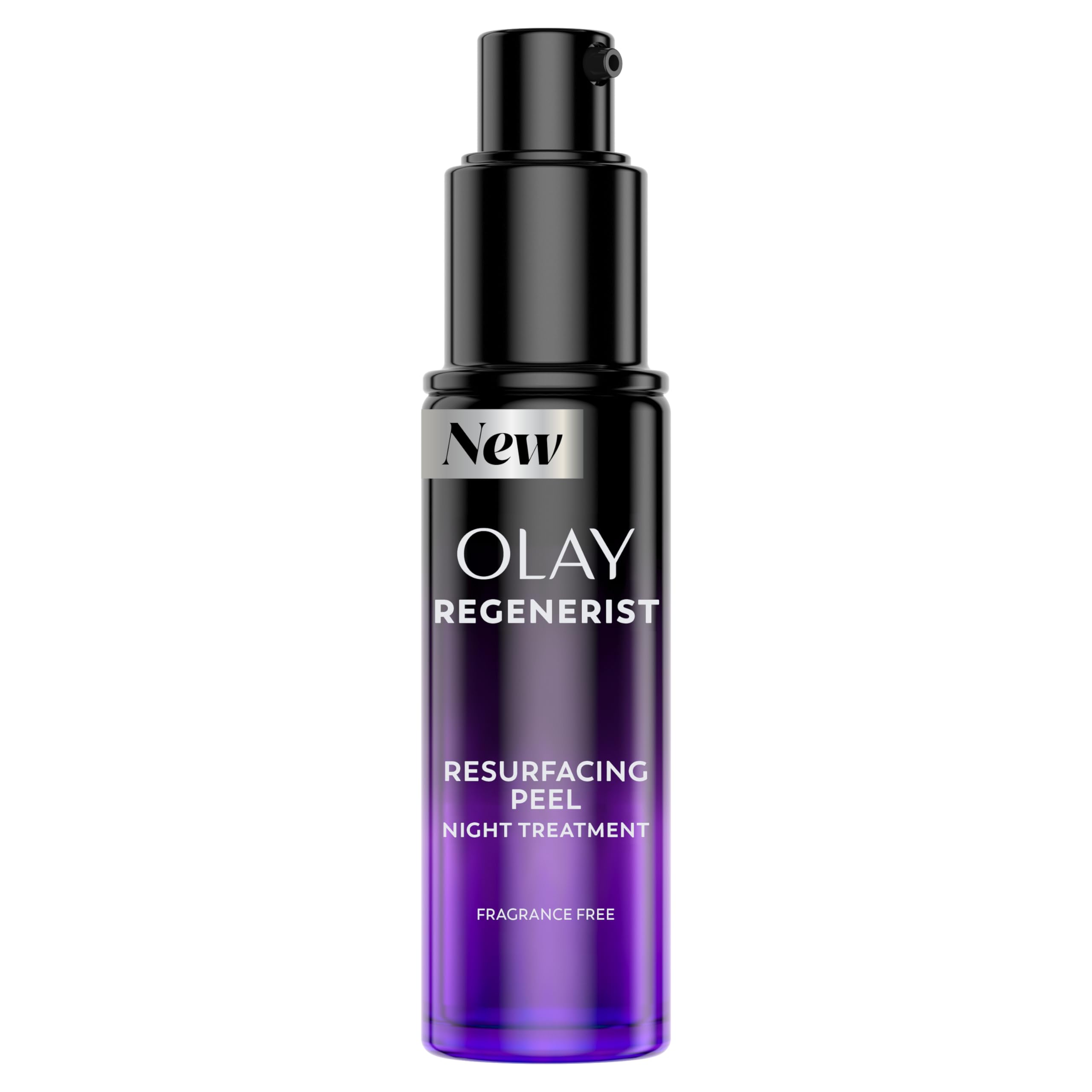 Olay Regenerist Resurfacing Peel Night Treatment bottle with soft glow for radiant skin.