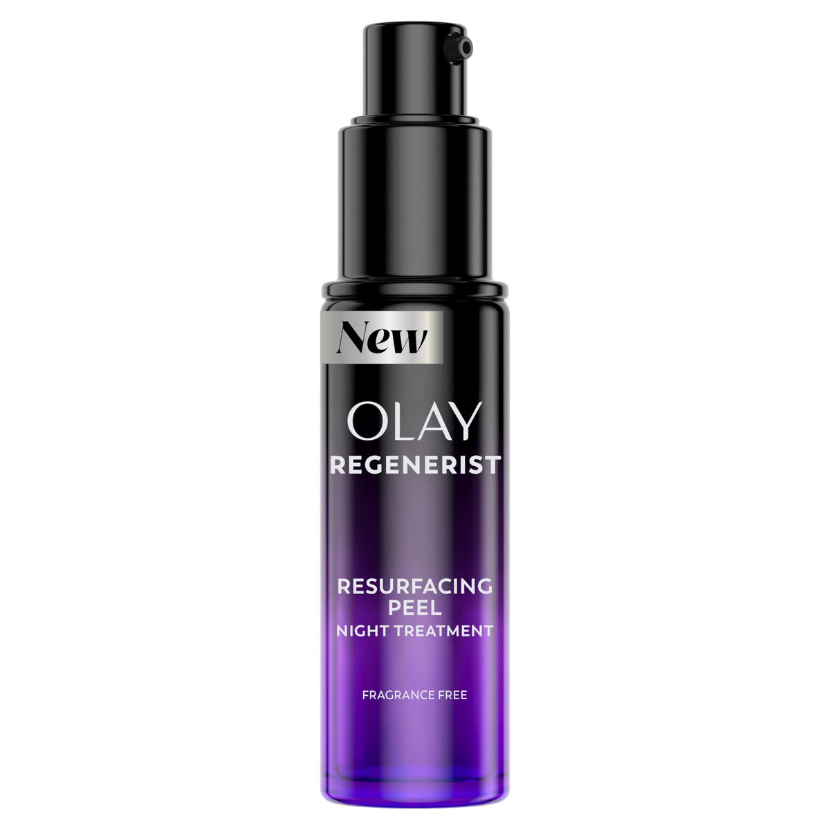Olay Regenerist Resurfacing Peel Night Treatment bottle with soft glow for radiant skin.