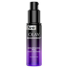 Olay Regenerist Resurfacing Peel Night Treatment bottle with soft glow for radiant skin.