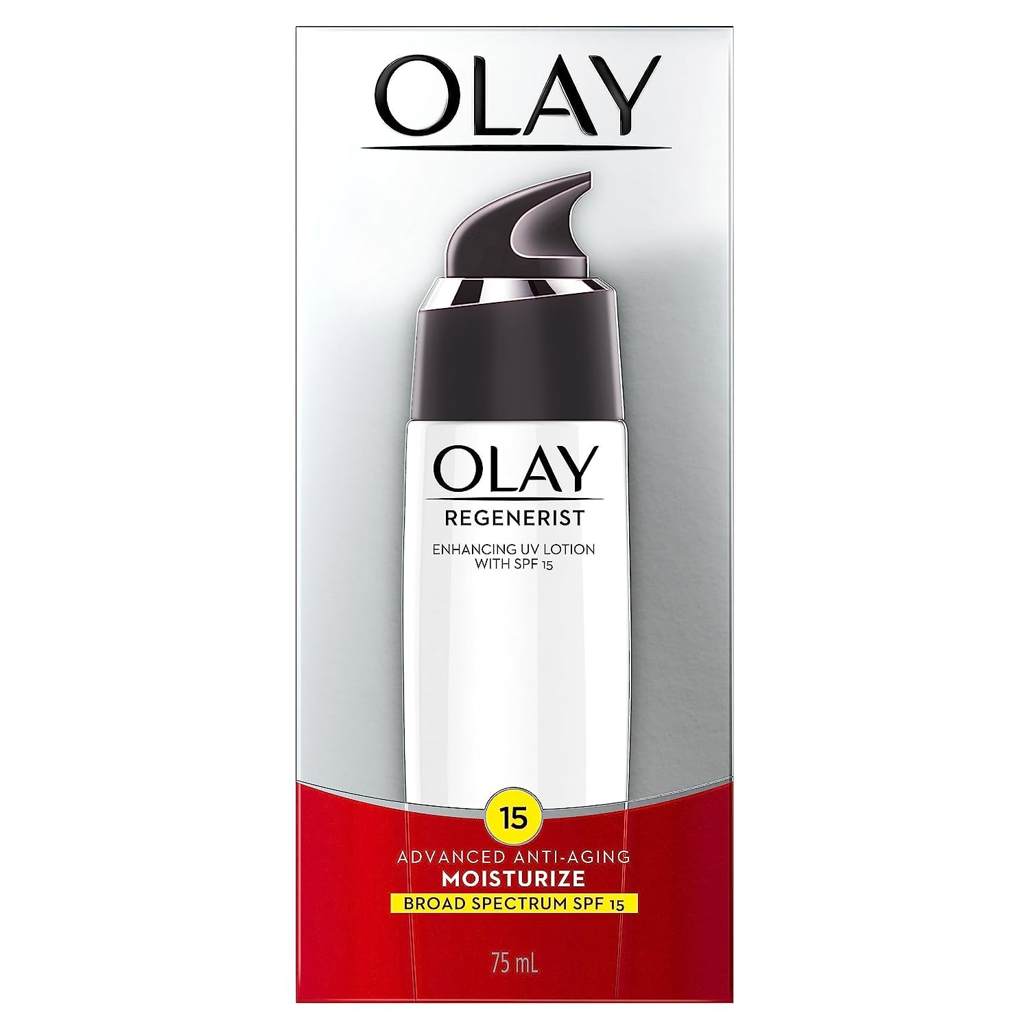Olay Regenerist SPF 15 broad-spectrum protection highlights UVA/UVB shield.