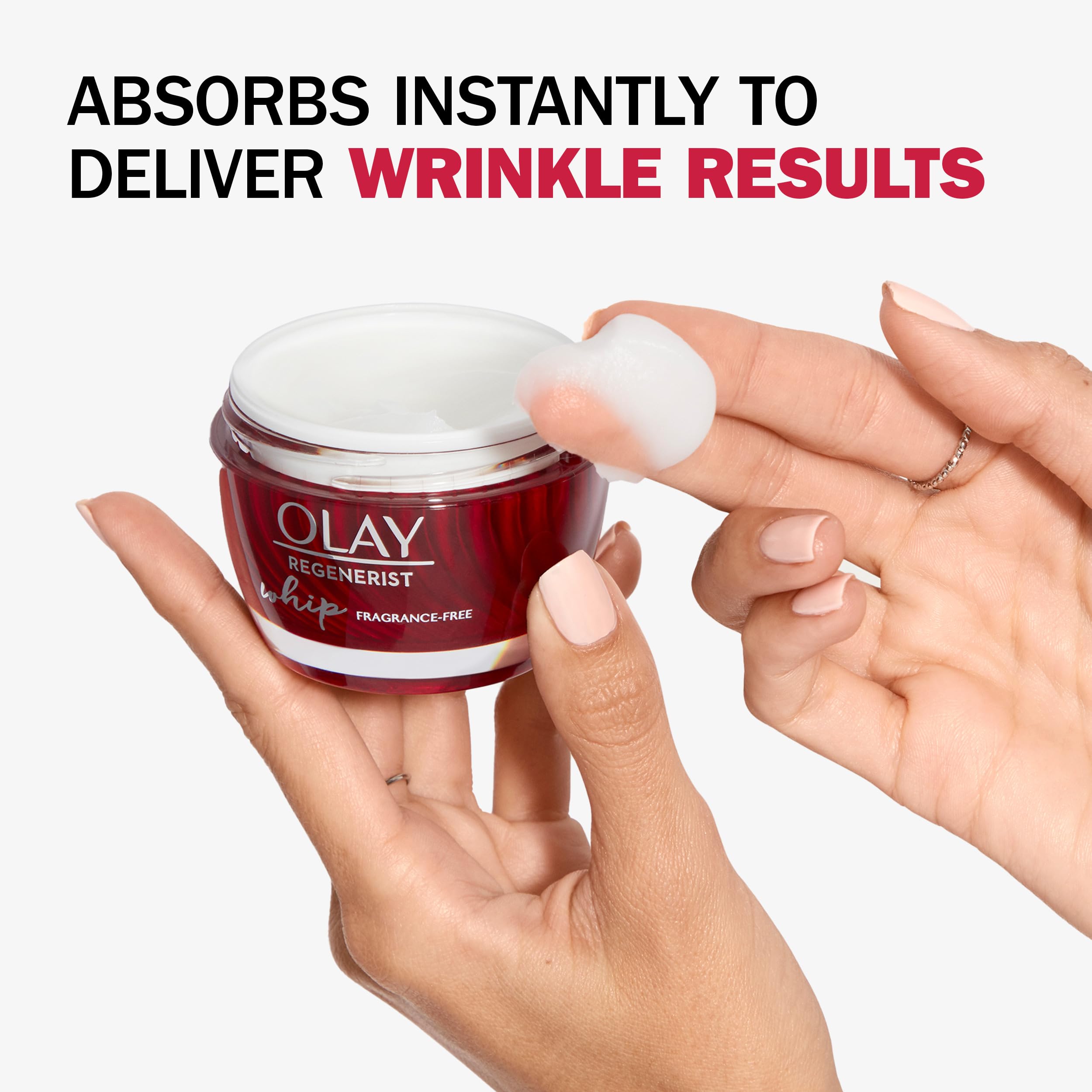Olay Regenerist Whip fragrance-free pump bottle for quick absorption.