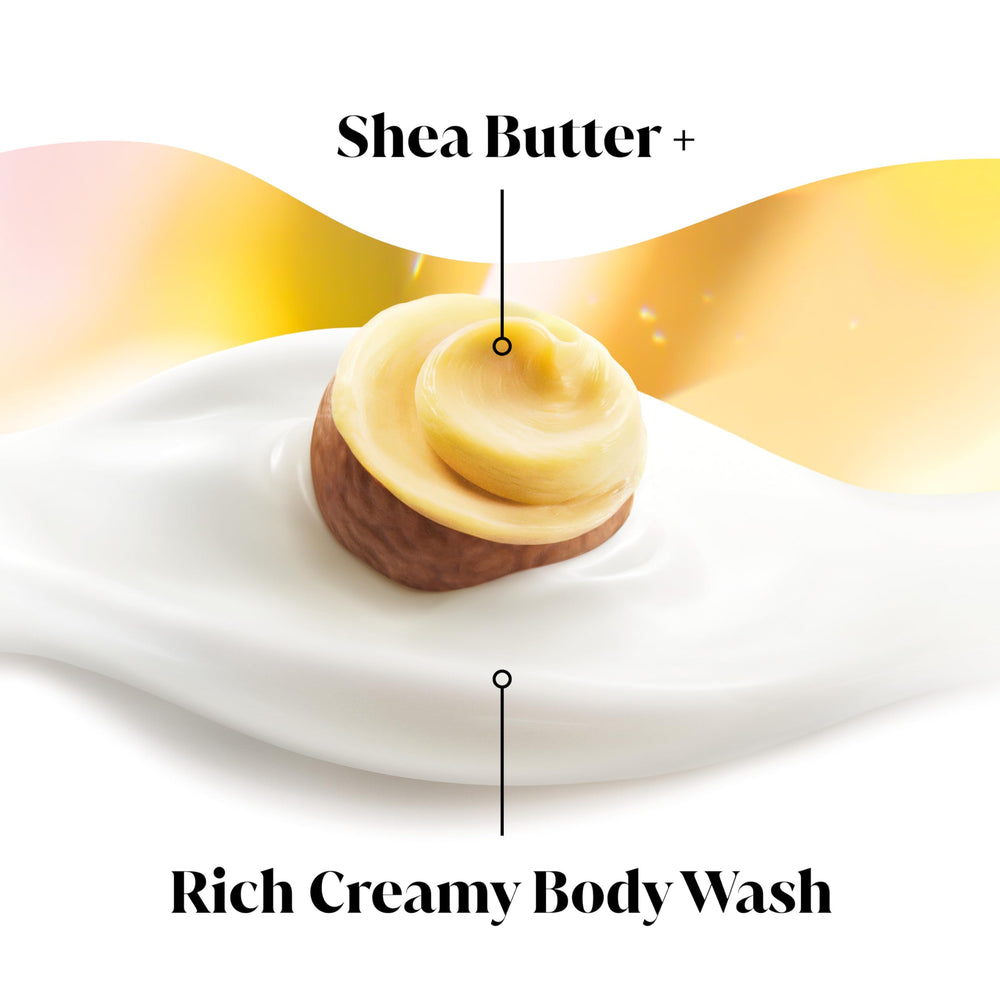 Shea butter scented Olay body wash bottle delivering a calming shower.