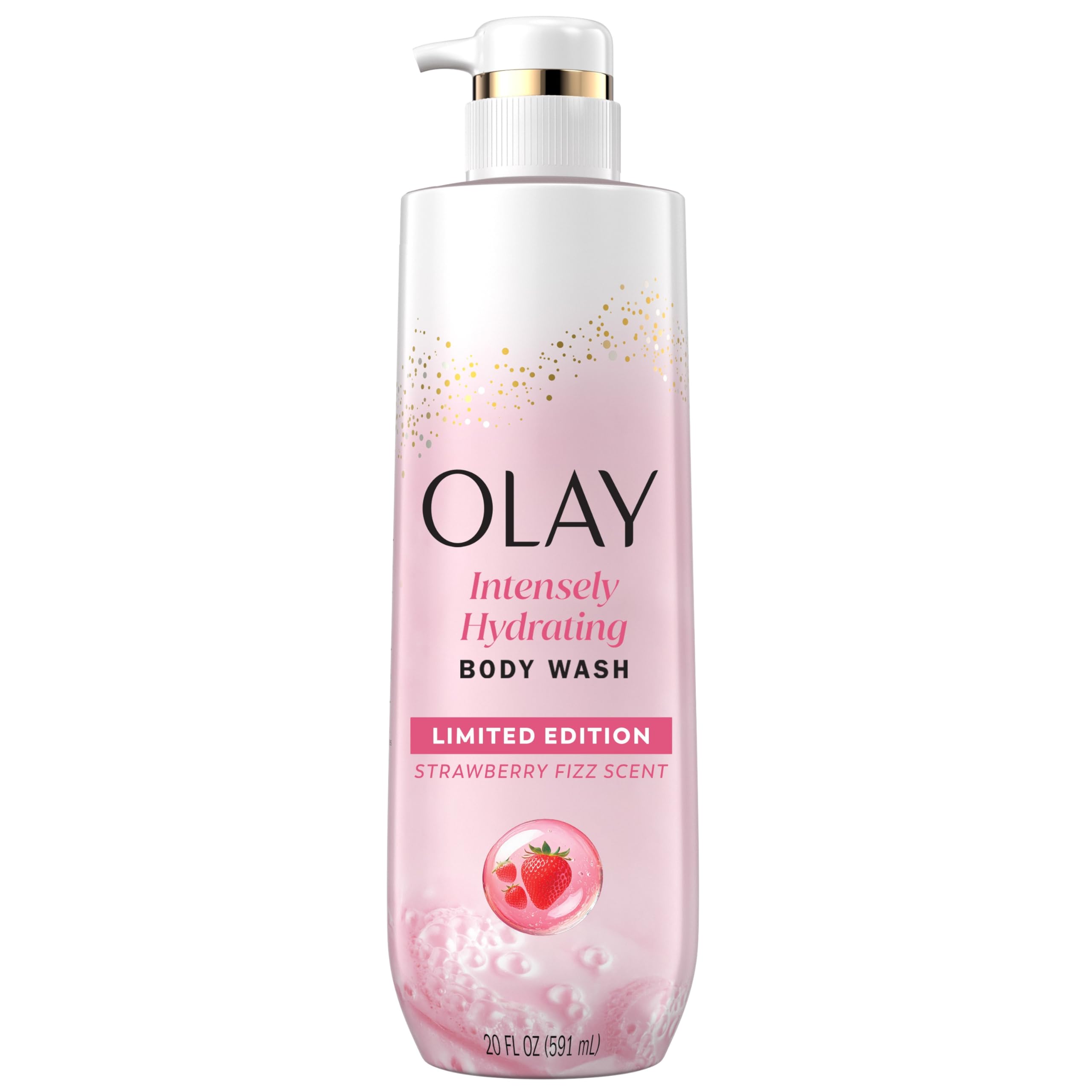 Olay Strawberry Fizz bottle pour delivers refreshing hydration for thirsty skin.