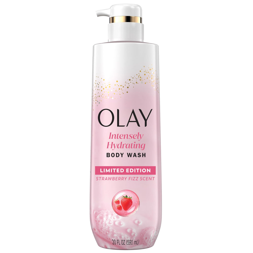 Olay Strawberry Fizz bottle pour delivers refreshing hydration for thirsty skin.