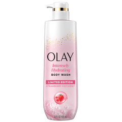 Olay Strawberry Fizz bottle pour delivers refreshing hydration for thirsty skin.