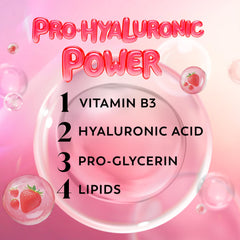 Olay Strawberry Fizz label closeup highlights key hydrating ingredients.