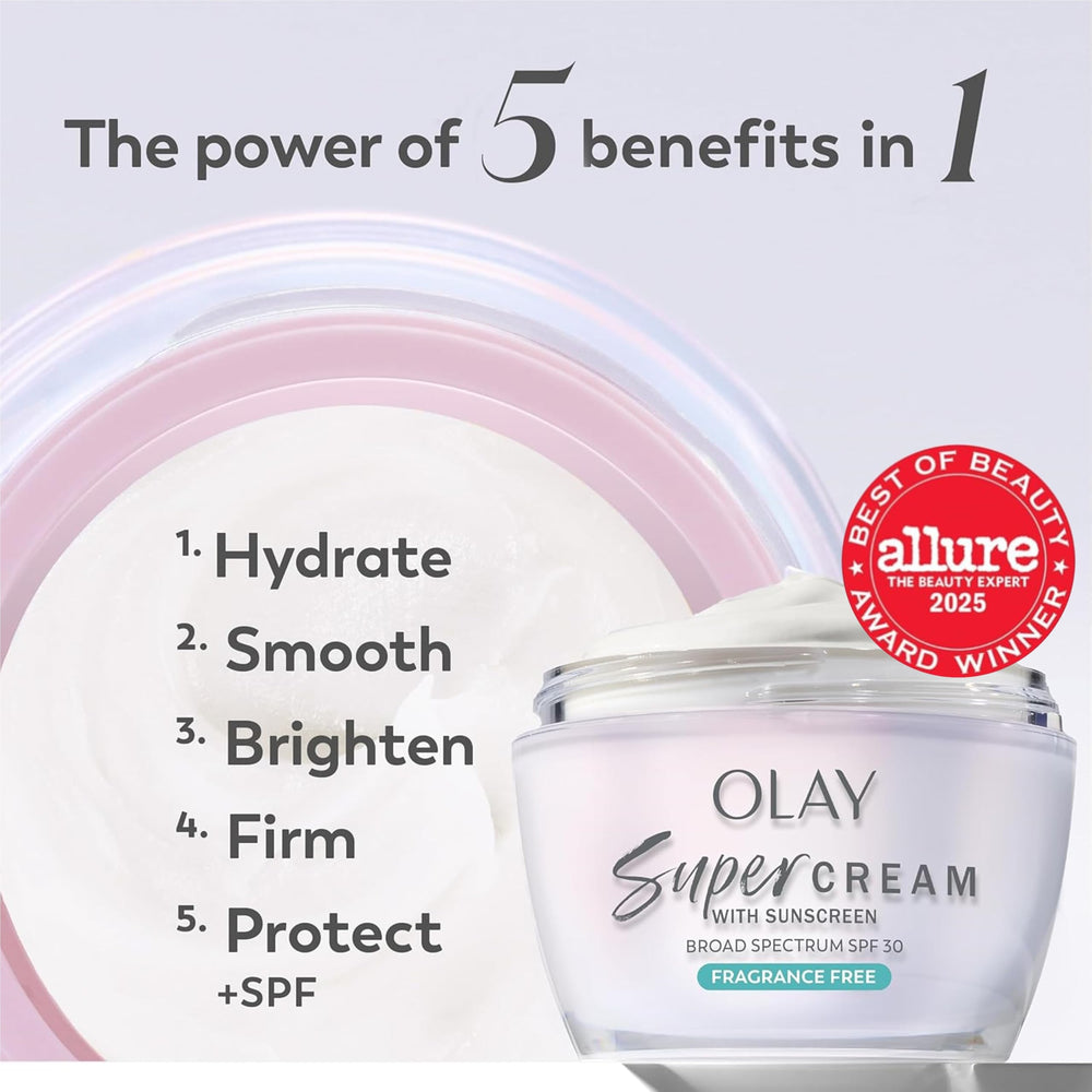 Olay Super Cream fragrance-free label—gentle daily moisturizer for sensitive skin.
