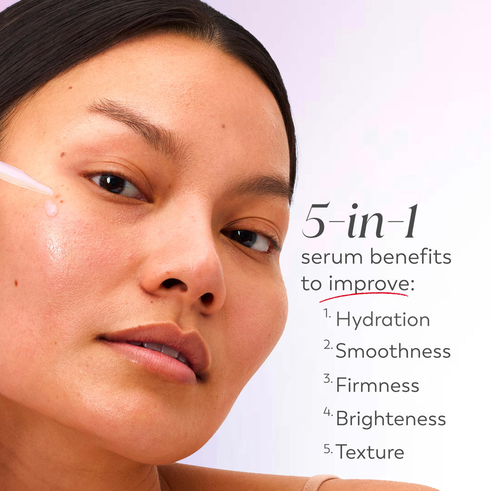 Olay Super Serum aplicación en rostro y cuello para tacto suave.